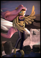 Size: 3300x4660 | Tagged: safe, artist:imafutureguitarhero, character:fluttershy, species:anthro, species:pegasus, species:pony, species:unguligrade anthro, 3d, absurd resolution, adidas, black underwear, border, bra, chromatic aberration, clothing, colored eyebrows, female, film grain, freckles, headband, looking down, mare, nose wrinkle, open mouth, pants, reflection, ripples, river, rock, shoulder freckles, signature, smiling, solo, source filmmaker, sports bra, standing in water, stream, underwear, water, windswept mane, windswept tail, yoga pants