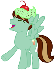 Size: 1848x2352 | Tagged: safe, artist:razorbladetheunicron, base used, oc, oc only, oc:mint chip, parent:flitter, parent:thunderlane, parents:flitterlane, species:pegasus, species:pony, lateverse, cherry, clothing, food, hat, ice cream, male, next generation, offspring, simple background, solo, stallion, transparent background