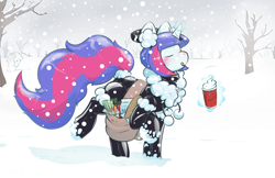 Size: 2550x1650 | Tagged: safe, artist:helixjack, oc, oc only, oc:mew, species:pony, species:unicorn, apple, carrot, celery sticks, chocolate, earwarmers, female, food, groceries, hot chocolate, latex, latex suit, milk, multicolored hair, rubber, saddle bag, snow, snowfall, snowman, solo, tongue out, winter, winter outfit