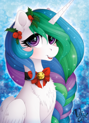Size: 1460x2020 | Tagged: safe, artist:vird-gi, character:princess celestia, species:alicorn, species:pony, blushing, braid, chest fluff, christmas, cute, cutelestia, female, holiday, holly, looking at you, mare, open mouth, solo