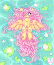 Size: 3504x4255 | Tagged: safe, artist:bunxl, character:fluttershy, species:pegasus, species:pony, blushing, bracelet, cute, female, flower, jewelry, lily pad, long hair, long mane, long tail, looking at you, mare, open mouth, shyabetes, water