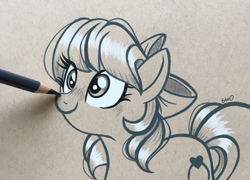Size: 2861x2064 | Tagged: safe, artist:emberslament, oc, oc only, oc:tender sweets, species:earth pony, species:pony, blushing, boop, bow, colored pencil drawing, colored pencils, commission, cute, female, hair bow, mare, pencil boop, photo, sketch, solo, traditional art