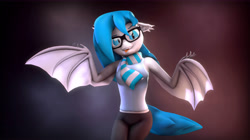 Size: 10000x5600 | Tagged: safe, artist:imafutureguitarhero, oc, oc only, oc:xenia amata, species:anthro, species:bat pony, species:pony, 3d, abstract background, absurd resolution, bat pony oc, bat wings, bloom, blue mane, chromatic aberration, clothing, compression shorts, fangs, female, film grain, floppy ears, glasses, gradient background, looking at you, mare, nail polish, nose wrinkle, raised eyebrow, scarf, shorts, shrug, signature, sleeveless, slit eyes, smiling, solo, source filmmaker, tank top, tongue out, windswept tail, wing arms, wings