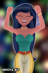 Size: 2000x3000 | Tagged: safe, artist:danielitamlp, character:desert sage, equestria girls:spring breakdown, g4, my little pony: equestria girls, my little pony:equestria girls, spoiler:eqg series (season 2), armpits, background human, bare shoulders, bracelet, breasts, bustier, busty desert sage, caramelldansen, clothing, desert sage, female, jewelry, necklace, open mouth, pants, pearl necklace, sleeveless, solo, strapless, tube top