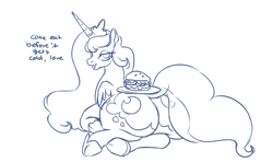Size: 1835x1088 | Tagged: safe, artist:mellowhen, character:princess luna, species:alicorn, species:pony, both cutie marks, burger, chubby, crown, dialogue, female, food, horseshoes, jewelry, lineart, looking at you, looking back, looking back at you, moonbutt, open mouth, plate, plot, prone, regalia, seductive look, solo, speech, the ass was fat