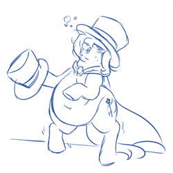 Size: 1162x1161 | Tagged: safe, artist:mellowhen, character:trixie, species:pony, species:unicorn, belly button, chubby, clothing, drunk, drunk bubbles, fat, female, hat, lineart, rearing, semi-anthro, sketch, solo, the great and alcoholics trixie, the great and bountiful trixie, top hat