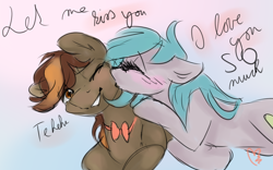 Size: 1280x800 | Tagged: safe, artist:elisdoominika, oc, oc only, oc:fahu, oc:sweet elis, species:pony, blushing, bow tie, couple, cute, dialogue, eyes closed, falis, female, kiss on the cheek, kissing, love, lying down, male, mare, one eye closed, shipping, smiling, stallion, straight, wink