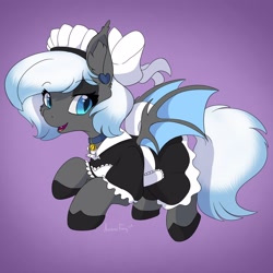 Size: 3000x3000 | Tagged: safe, artist:aurorafang, oc, oc only, oc:moonlight melody, species:bat pony, species:pony, apron, bow, clothing, collar, commission, dress, ear piercing, female, french maid, maid, mare, piercing, shoes, solo