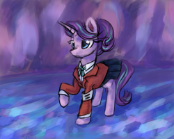 Size: 1500x1200 | Tagged: safe, artist:elisdoominika, character:starlight glimmer, species:pony, species:unicorn, alternate hairstyle, bow, clothing, equal sign, female, pleated skirt, skirt, solo, suit, twilight's castle