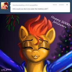 Size: 894x897 | Tagged: safe, artist:pluckyninja, character:spitfire, episode:hearth's warming eve, g4, my little pony: friendship is magic, ask, christmas, christmas tree, kissing, mistletoe, stupid sexy spitfire, tree, tumblr, tumblr:sexy spitfire, yaranaika