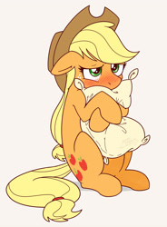 Size: 1730x2351 | Tagged: safe, artist:nolycs, character:applejack, species:earth pony, species:pony, applejack's hat, blushing, clothing, cowboy hat, cute, female, freckles, hat, hug, jackabetes, mare, pillow, pillow hug, simple background, solo, stetson, white background