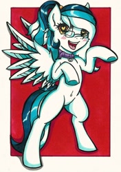 Size: 902x1280 | Tagged: safe, artist:canvymamamoo, oc, oc:artemis starshine, species:pony, belly button, bipedal, collar, female, glasses, looking at you, ponytail, smiling