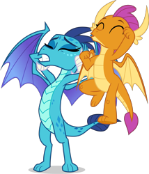 Size: 5390x6299 | Tagged: safe, artist:tomfraggle, character:princess ember, character:smolder, species:dragon, episode:school daze, g4, my little pony: friendship is magic, absurd resolution, annoyed, cheering, covering, cute, dragoness, duo, eyes closed, female, simple background, smolderbetes, transparent background
