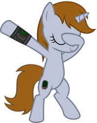 Size: 813x1024 | Tagged: safe, artist:uigsyvigvusy, artist:wissle, oc, oc only, oc:littlepip, species:pony, species:unicorn, fallout equestria, bipedal, covering eyes, cute, cutie mark, dab, eyes closed, facehoof, fanfic, fanfic art, female, hooves, horn, mare, ocbetes, pipabetes, pipbuck, simple background, smiling, solo, trace, transparent background, vector