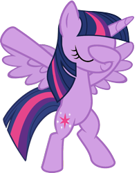 Size: 813x1012 | Tagged: safe, artist:uigsyvigvusy, artist:wissle, character:twilight sparkle, character:twilight sparkle (alicorn), species:alicorn, species:pony, bipedal, covering eyes, cute, dab, eyes closed, facehoof, female, mare, simple background, smiling, solo, spread wings, trace, transparent background, twiabetes, vector, wings