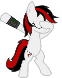 Size: 813x1024 | Tagged: safe, artist:uigsyvigvusy, artist:wissle, oc, oc only, oc:blackjack, species:pony, species:unicorn, fallout equestria, fallout equestria: project horizons, bipedal, covering eyes, cute, cutie mark, dab, eyes closed, facehoof, fanfic, fanfic art, female, hooves, horn, mare, pipbuck, simple background, smiling, solo, trace, transparent background, vector