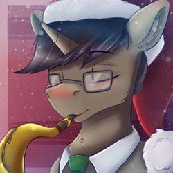 Size: 1800x1800 | Tagged: safe, artist:ardail, oc, oc only, species:pony, species:unicorn, bust, christmas, clothing, eyes closed, glasses, hat, holiday, male, musical instrument, santa hat, saxophone, solo, stallion