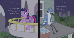 Size: 4453x2299 | Tagged: safe, artist:rapidstrike, character:twilight sparkle, character:twilight sparkle (alicorn), species:alicorn, species:pony, ship:mordetwi, aeroplanes and meteor showers, airplanes (song), b.o.b., balcony, blue jay, cartoon network, crossover, crossover shipping, crying, female, hayley williams, lyrics, male, mare, mordecai, night, regular show, sad, shipping, song reference, stars, straight, text