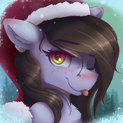 Size: 1800x1800 | Tagged: safe, artist:ardail, oc, oc only, oc:tail, species:pegasus, species:pony, christmas, clothing, female, freckles, hat, holiday, icon, looking at you, mare, one eye closed, santa hat, snow, snowfall, solo, tongue out, tree, wink