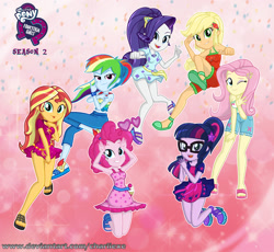 Size: 1053x969 | Tagged: safe, artist:charliexe, character:applejack, character:fluttershy, character:pinkie pie, character:rainbow dash, character:rarity, character:sunset shimmer, character:twilight sparkle, character:twilight sparkle (scitwi), species:eqg human, equestria girls:spring breakdown, g4, my little pony: equestria girls, my little pony:equestria girls, spoiler:eqg series (season 2), armpits, belly button, clothing, cute, dashabetes, diapinkes, equestria girls logo, feet, female, freckles, geode of empathy, geode of fauna, geode of shielding, geode of super speed, geode of super strength, geode of telekinesis, glasses, heart shaped glasses, humane five, humane seven, humane six, jackabetes, legs, magical geodes, midriff, one eye closed, ponytail, raribetes, sandals, schrödinger's pantsu, shimmerbetes, shorts, shyabetes, skirt, skirt pull, sleeveless, smiling, the undisputed era, tongue out, twiabetes, wink