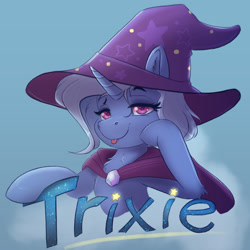 Size: 1800x1800 | Tagged: safe, artist:ardail, character:trixie, species:pony, species:unicorn, clothing, female, hat, looking at you, mare, smiling, solo, tongue out, trixie's hat