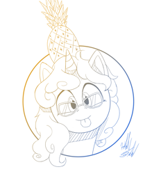 Size: 1225x1400 | Tagged: safe, artist:fuzon-s, oc, oc only, oc:eleos, species:pony, species:unicorn, blep, bust, female, food, glasses, gradient lineart, looking at you, mare, pineapple, portrait, silly, sketch, solo, style emulation, tongue out, yuji uekawa style