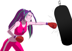 Size: 4093x2894 | Tagged: safe, artist:amazingpuffhair, character:aria blaze, my little pony:equestria girls, absurd resolution, armpits, boxing gloves, clothing, commission, female, midriff, pants, punching bag, simple background, solo, sports, sweat, white background, workout