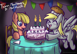 Size: 1280x906 | Tagged: safe, artist:rambon7, character:derpy hooves, oc, oc:mal hearts, species:pegasus, species:pony, birthday, birthday cake, birthday candles, cake, chair, clothing, cute, food, freckles, happy, hat, muffin, napkin, table