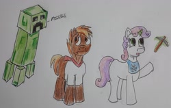 Size: 1915x1212 | Tagged: safe, artist:rapidsnap, character:button mash, character:sweetie belle, species:pony, creeper, don't mine at night, minecraft, pickaxe, traditional art
