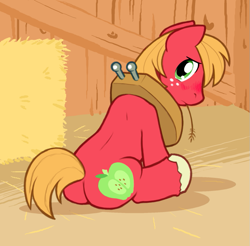 Size: 787x773 | Tagged: safe, artist:ajin, character:big mcintosh, species:earth pony, species:pony, barn, blushing, cute, hay, hay bale, looking at you, looking back, male, plot, solo