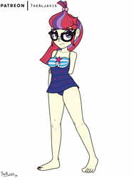 Size: 2121x2828 | Tagged: safe, artist:thealjavis, character:moondancer, g4, my little pony: equestria girls, my little pony:equestria girls, barefoot, clothing, costume swap, equestria girls-ified, feet, female, one-piece swimsuit, simple background, solo, swimsuit, white background