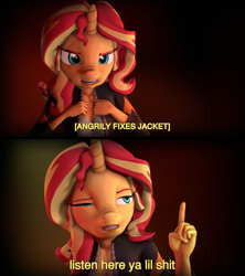 Size: 3840x4320 | Tagged: safe, artist:imafutureguitarhero, character:sunset shimmer, species:anthro, species:pony, species:unicorn, 3d, absurd resolution, angry, clothing, colored eyebrows, crossover, derp, descriptive noise, doctor who, faec, female, film grain, freckles, horn, jacket, lidded eyes, listen here, listen here you little, mare, meme, multicolored hair, nose wrinkle, open mouth, parody, pointing, raised eyebrow, raised hand, reaction image, rings of akhaten, solo, source filmmaker, subtitles, text, vulgar