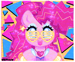 Size: 3597x2957 | Tagged: safe, artist:bunxl, character:pinkie pie, species:earth pony, species:pony, 80's fashion, female, heart, mare, open mouth, shutter shades, solo, stars, triangle