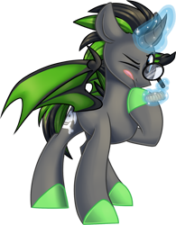 Size: 1024x1312 | Tagged: safe, artist:kellythedrawinguni, oc, species:alicorn, species:bat pony, species:pony, ammonite, fossil, hooves, magic, magnifying glass, male, simple background, solo, stallion, transparent background
