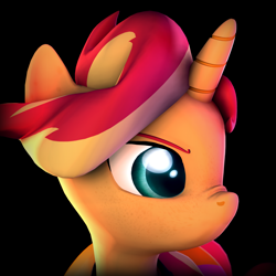 Size: 1920x1920 | Tagged: safe, artist:imafutureguitarhero, derpibooru original, character:sunset shimmer, species:pony, species:unicorn, 3d, bust, colored eyebrows, female, freckles, i have no mouth and i must scream, mare, mouthless, multicolored hair, no mouth, nose wrinkle, profile picture, side view, solo, source filmmaker, square, windswept mane