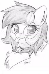 Size: 1268x1903 | Tagged: safe, artist:zemer, oc, oc only, oc:meadow stargazer, species:pony, bust, collar, ear fluff, female, looking at something, mare, mlem, monochrome, portrait, silly, sketch, solo, tongue out, traditional art