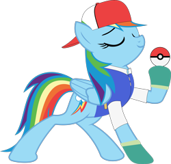 Size: 4998x4805 | Tagged: safe, artist:wissle, character:rainbow dash, species:pegasus, species:pony, 1000 hours in ms paint, absurd resolution, ash ketchum, clothing, cosplay, costume, crossover, dash ketchum, eyes closed, female, mare, pokéball, pokémon, simple background, solo, transparent background