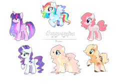Size: 1630x1098 | Tagged: safe, artist:iheyyasyfox, base used, character:applejack, character:fluttershy, character:pinkie pie, character:rainbow dash, character:rarity, character:twilight sparkle, character:twilight sparkle (alicorn), species:alicorn, species:earth pony, species:pegasus, species:pony, species:unicorn, alternate design, lidded eyes, mane six, open mouth, raised hoof, redesign, simple background, smiling, transparent background