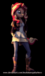 Size: 1280x2160 | Tagged: safe, artist:imafutureguitarhero, character:sunset shimmer, species:anthro, species:plantigrade anthro, species:pony, species:unicorn, 3d, absurd file size, animated, boots, cel shading, clothing, contrapposto, dress, ear piercing, earring, female, floppy ears, horn, jacket, jeans, jewelry, leather jacket, loop, mare, multicolored hair, no sound, nose wrinkle, pants, perfect loop, piercing, rotating, shoes, smiling, smirk, solo, source filmmaker, turnaround, turntable, vertical, watermark, webm, windswept hair, windswept mane, windswept tail