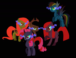 Size: 1686x1285 | Tagged: safe, artist:rainbow dash is best pony, artist:tzolkine, character:applejack, character:fluttershy, character:pinkie pie, character:rainbow dash, character:rarity, species:earth pony, species:pegasus, species:pony, species:unicorn, applepills, black background, colored horn, curved horn, dark magic, elements of insanity, fluttershout, flying, horn, magic, pinkis cupcake, rainbine, rarifruit, simple background, sombra eyes, sombra horn, straight mane