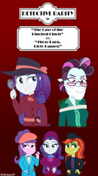 Size: 666x1200 | Tagged: safe, artist:robukun, character:principal abacus cinch, character:rarity, character:stormy flare, character:suri polomare, my little pony:equestria girls, cigarette, cloth gag, detective rarity, female, gag, tied up