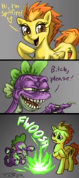 Size: 640x1440 | Tagged: dead source, safe, artist:pluckyninja, character:spike, character:spitfire, species:dragon, species:pegasus, species:pony, bitch please, chili pepper, comic, duo, female, fire, fire breath, gradient background, male, mare, photoshop, pun, trollface, trollspike