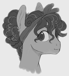 Size: 627x682 | Tagged: safe, artist:amphoera, oc, oc only, species:pony, bandana, beanbrows, bust, eyebrows, eyebrows visible through hair, profile, simple background, smiling, solo