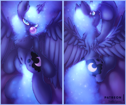 Size: 3000x2500 | Tagged: safe, artist:shad0w-galaxy, character:princess luna, species:alicorn, species:pony, bed, bedroom eyes, belly button, bubblegum, censored, ear fluff, ethereal mane, female, food, glowing mane, glowing tail, gum, lying down, patreon, patreon logo, patreon preview, preview, shiny, solo, spread wings, wings