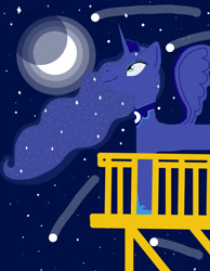 Size: 1487x1918 | Tagged: safe, artist:rainbow dash is best pony, character:princess luna, species:alicorn, species:pony, balcony, comet, ethereal mane, eyeshadow, full moon, galaxy mane, hoof shoes, jewelry, makeup, moon, necklace, night, shooting stars, smiling, spread wings, starry sky, stars, wings