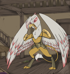 Size: 1650x1742 | Tagged: safe, artist:sinrar, oc, oc only, species:griffon, angry, armor, bar, bottomless, clothing, colored wings, colored wingtips, commission, male, open beak, partial nudity, rearing, red eyes, slit eyes, solo, spread wings, stairs, table, wings, yelling