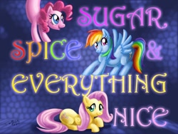 Size: 864x648 | Tagged: dead source, safe, artist:pluckyninja, character:fluttershy, character:pinkie pie, character:rainbow dash, species:earth pony, species:pegasus, species:pony, g4, abstract background, female, mare, photoshop, pink text, rainbow text, trio, trio female, yellow text