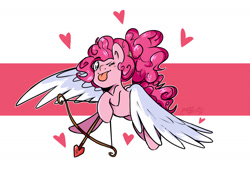 Size: 2000x1348 | Tagged: safe, artist:nolycs, character:pinkie pie, species:pony, alternate hairstyle, blep, cupid, cute, diapinkes, female, heart, holiday, hoof hold, mare, one eye closed, pinkie the shipper, ponytail, silly, solo, tongue out, valentine's day, wings