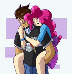 Size: 1850x1906 | Tagged: safe, artist:nolycs, commissioner:imperfectxiii, character:pinkie pie, oc, oc:copper plume, species:human, my little pony:equestria girls, blushing, bow, canon x oc, clothing, commission, copperpie, cute, female, freckles, glasses, human coloration, humanized, legs, male, neckerchief, pants, piggyback ride, shipping, shirt, skirt, sleeping, straight, wristband