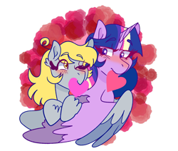 Size: 1280x1087 | Tagged: safe, artist:cubbybatdoodles, character:derpy hooves, character:twilight sparkle, character:twilight sparkle (alicorn), species:alicorn, species:pegasus, species:pony, ship:twerpy, ditzy doo, female, heart, lesbian, one eye closed, shipping, simple background, transparent background